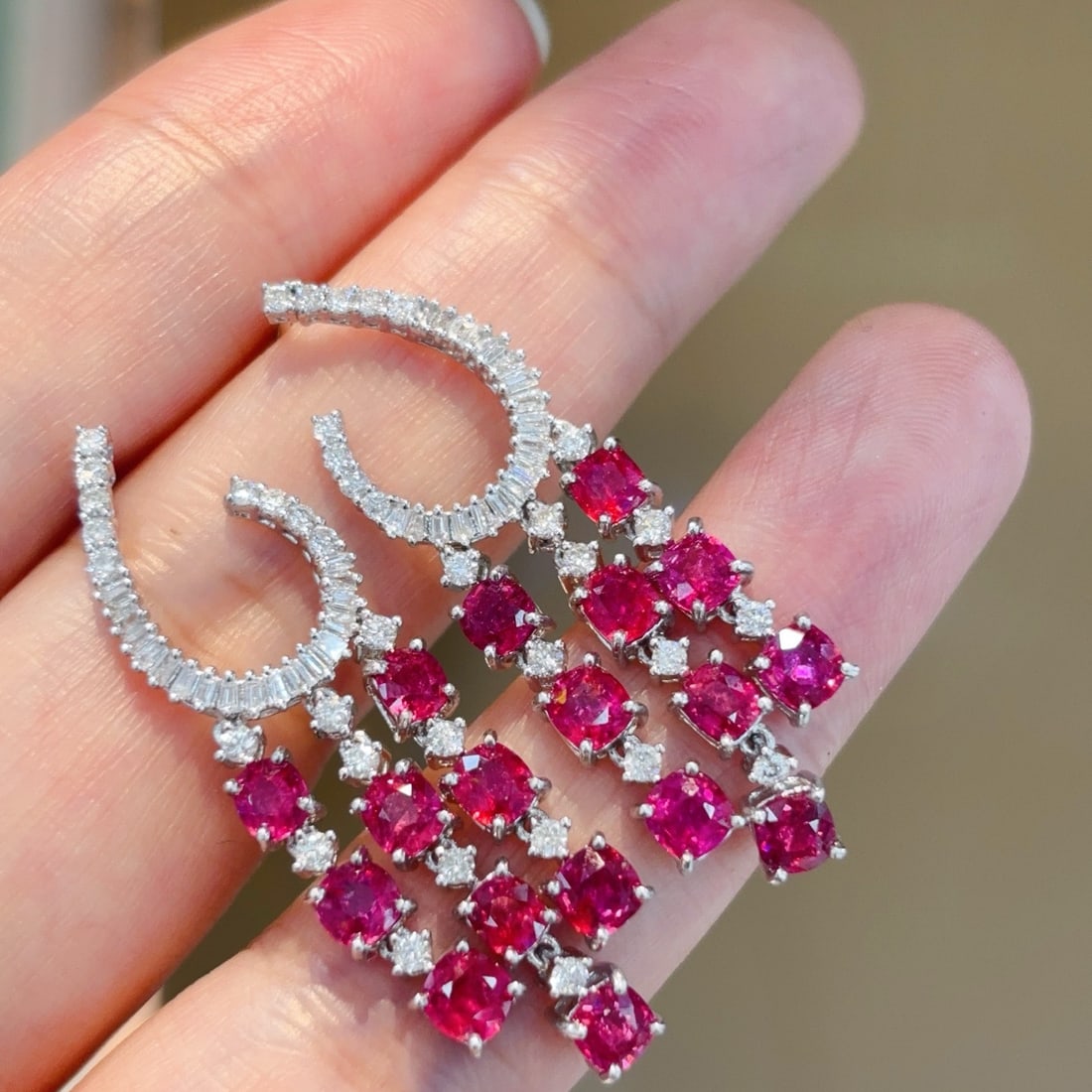 14k Gold 6.06 Ct Natural Ruby & Diamond Earrings: Ref:231104187 // gold content:14k gold // main gemstone:ruby // shape:cushion // carat weight:6. 06ct // color:red // treatment:natural // // adjacent gemstone 2 : diamond // shape:multiple //