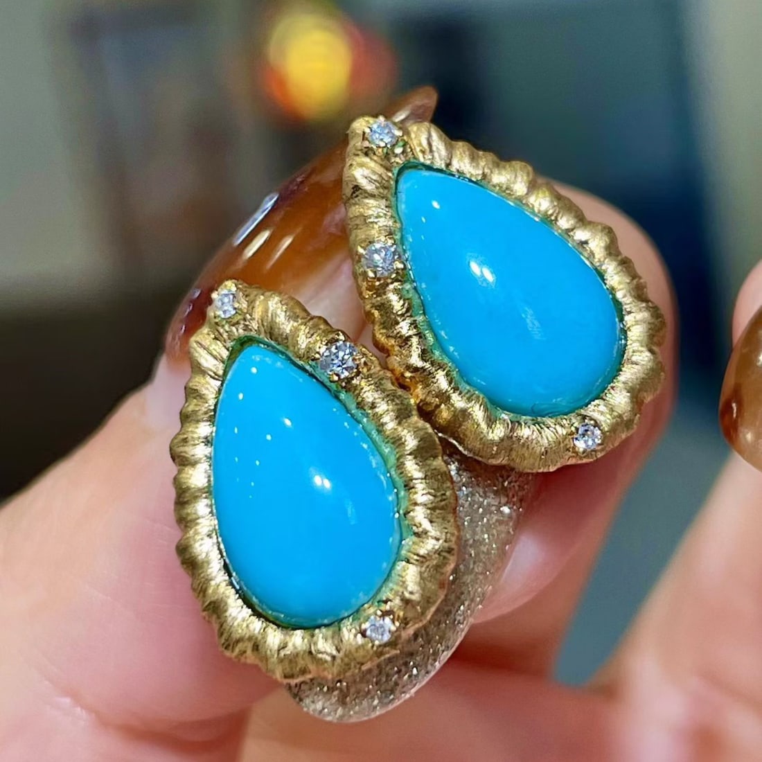 14k Gold 5.10 Ctw Natural Blue Turquoise & Diamond Earrings - 2