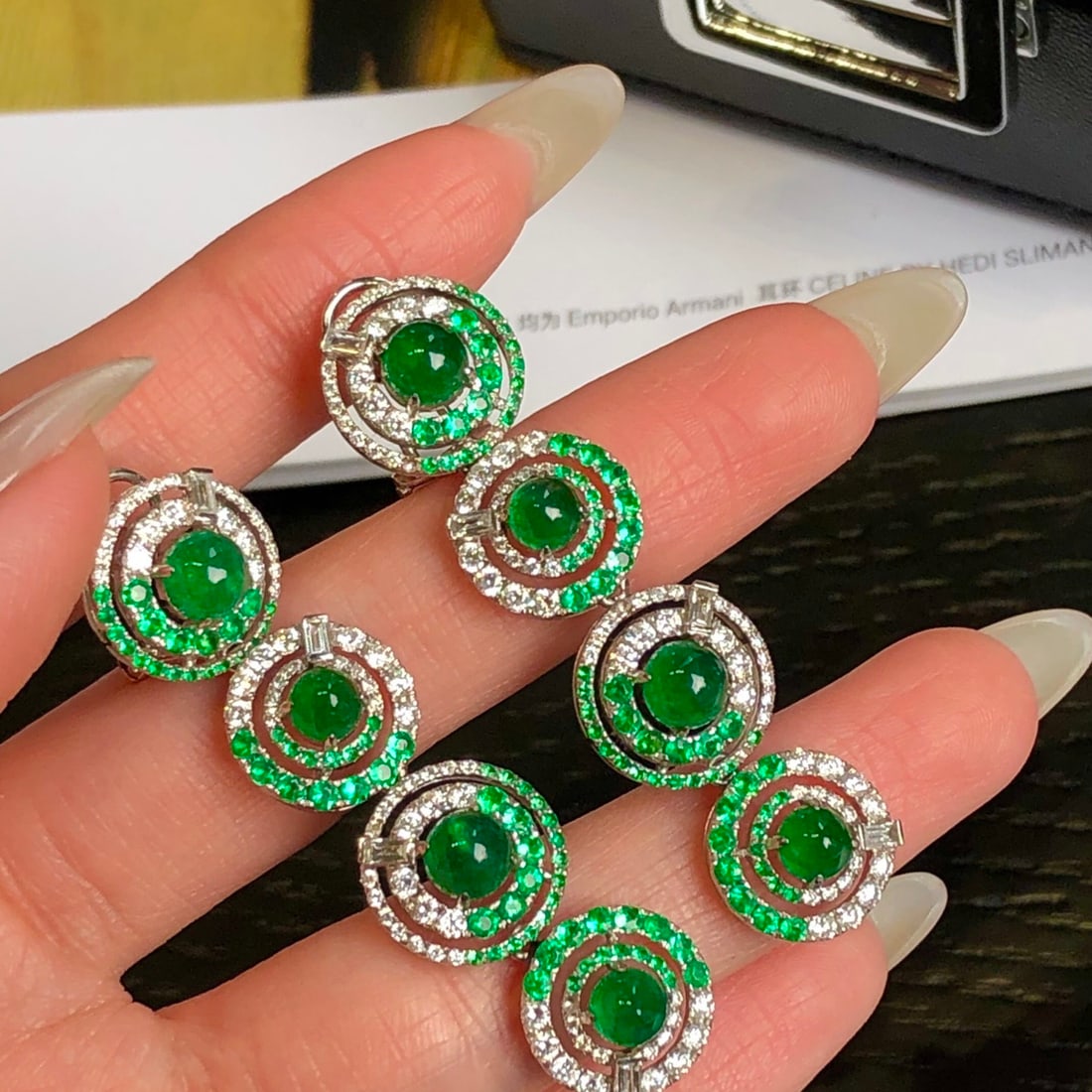 14k Gold 8.78 Ctw Vivid Green Natural Emerald & Diamond Earrings - 2