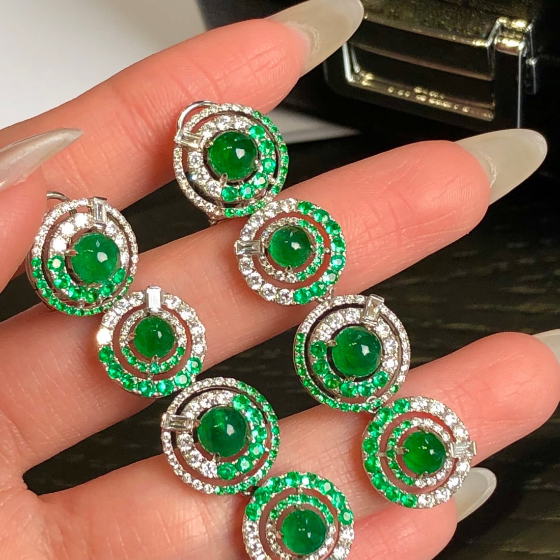 14k Gold 8.78 Ctw Vivid Green Natural Emerald & Diamond Earrings - 4