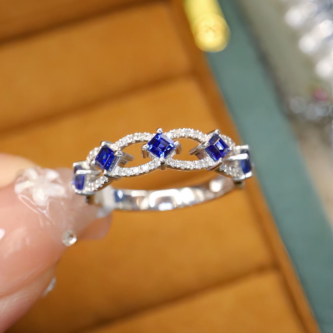 14k Gold 0.88 Ctw Natural Sapphire & Diamond Ring: Ref:231104223 // gold content:14k gold // ring size:7. 25us // // main gemstone:sapphire // shape:square // carat weight:0. 70ct // color:blue // treatment:natural // // adjacent gemstone 2 : diamond