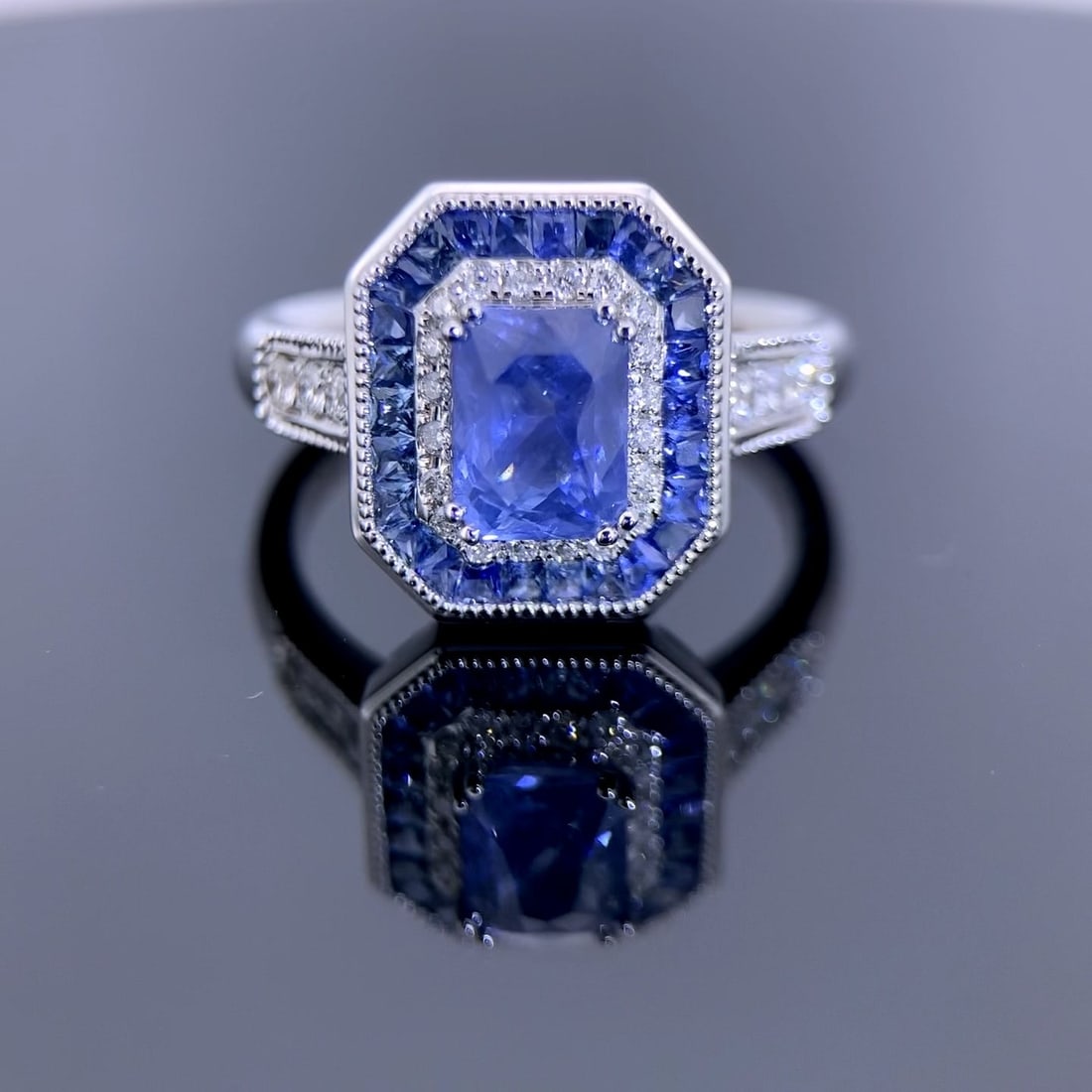 14k Gold 1.85 Ctw Natural Sapphire & Diamond Ring: Ref:231104247 // gold content:14k gold // ring size:7. 25us // // main gemstone:sapphire // shape:octagonal // carat weight:1. 63ct // color:blue // treatment:natural // // adjacent gemstone 2 : diamo