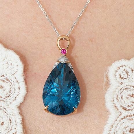 14k Gold 21.45 Ct Natural Topaz & Diamond & Ruby Pendant( Without Chain ) - 7