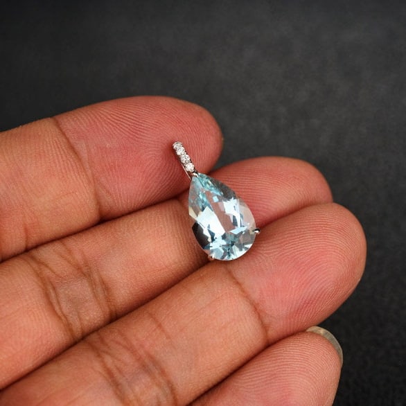 14k Gold 3.15 Ct Natural Aquamarine & Diamond Pendant( Without Chain ) - 7