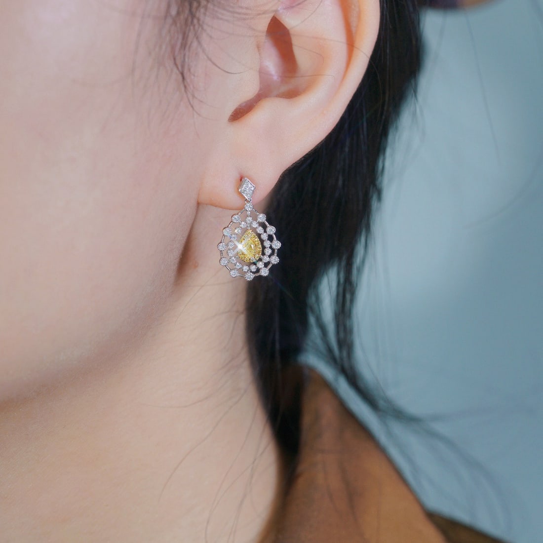 14k Gold 0.7 Ctw Natural Yellow Diamond & Diamond Earrings - 4