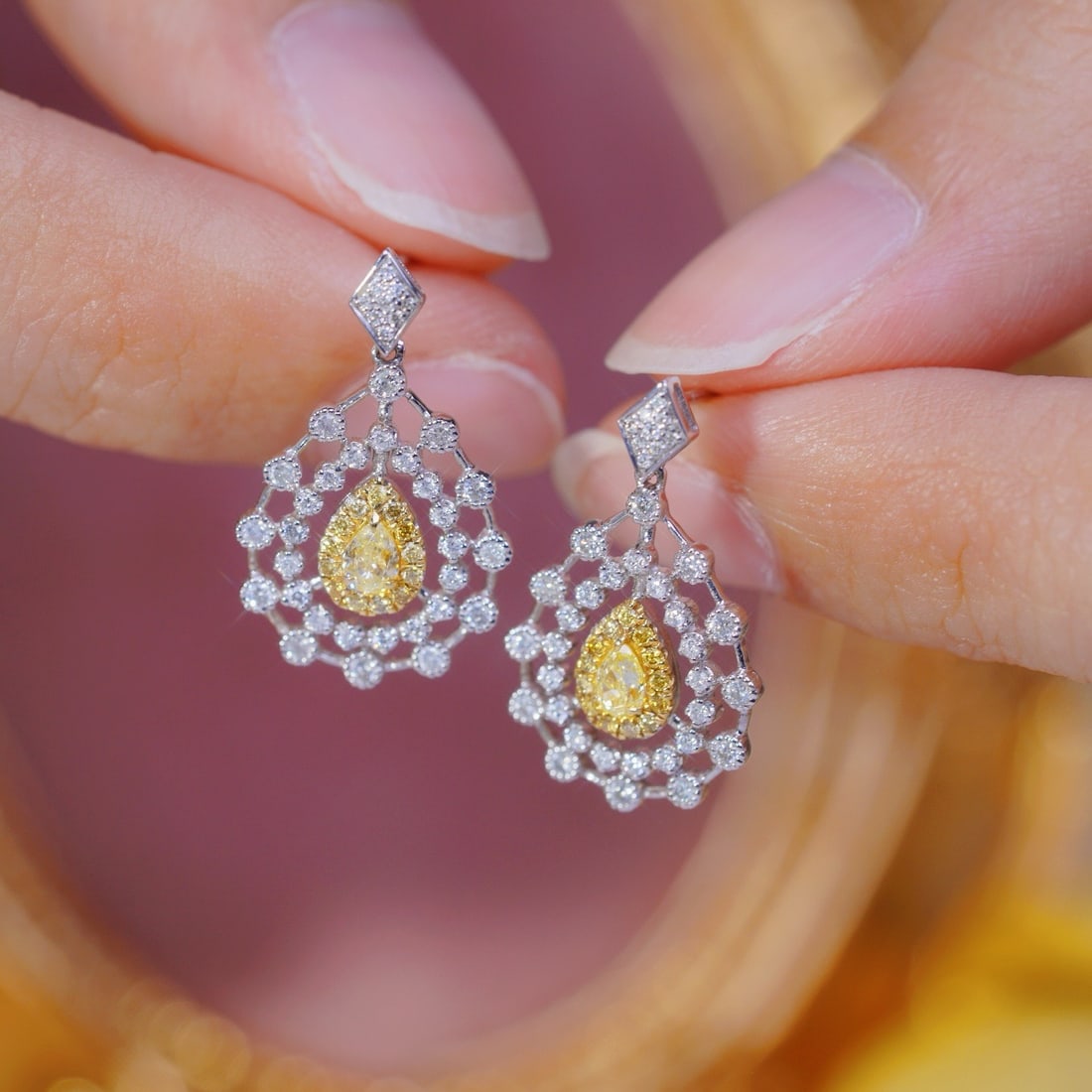 14k Gold 0.7 Ctw Natural Yellow Diamond & Diamond Earrings - 6