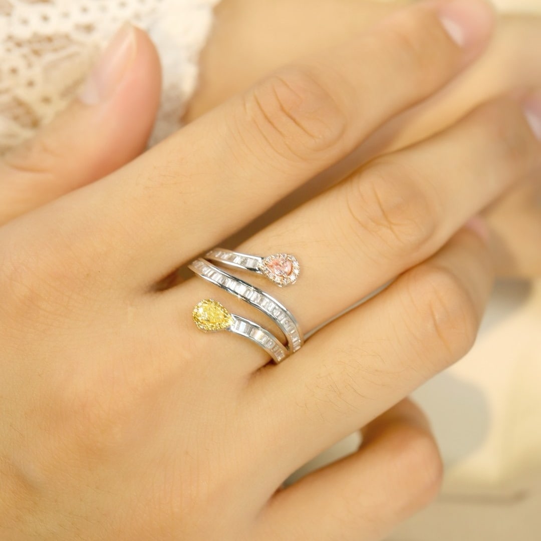 14k Gold 0.19 Ctw Natural Yellow Diamond & Pink Diamond & Toi Et Moi Ring - 6