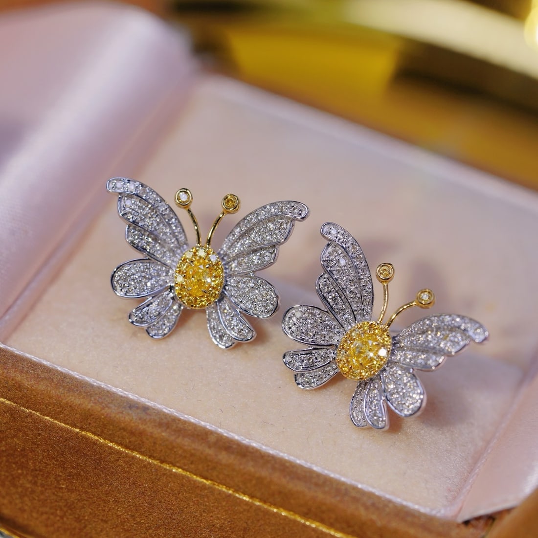 14k Gold 0.80 Ct Natural Color Diamond & Butterfly Earrings: Ref:231104328 // gold content:14k gold // main gemstone:diamond // shape:multiple // carat weight:0. 80ct // clarity grade:vs-si // color:color // treatment:natural // Condition: New Low Estimate: 750
