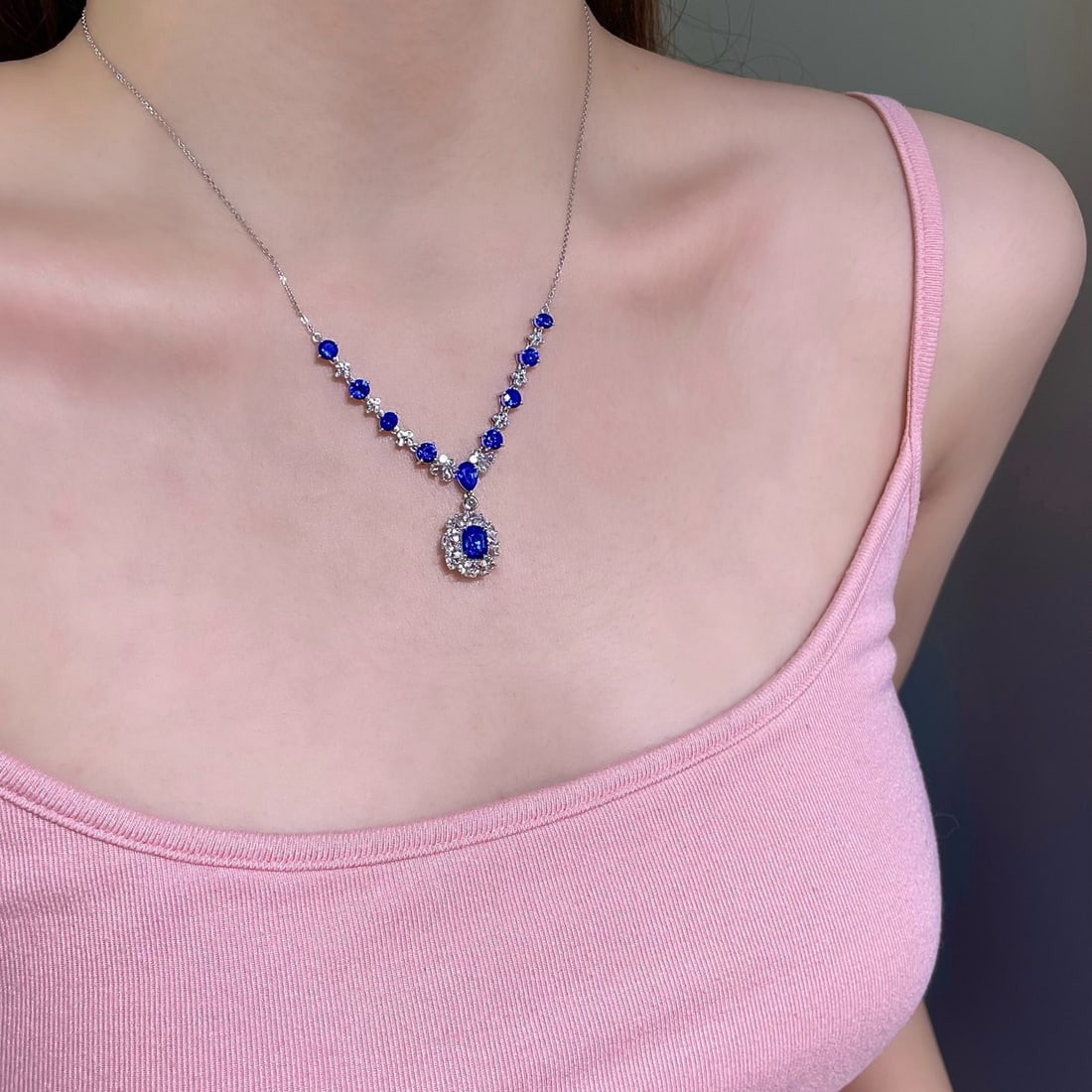 14k Gold 3.06 Ct Natural Sapphire & Diamond & Sapphire Necklace - 5