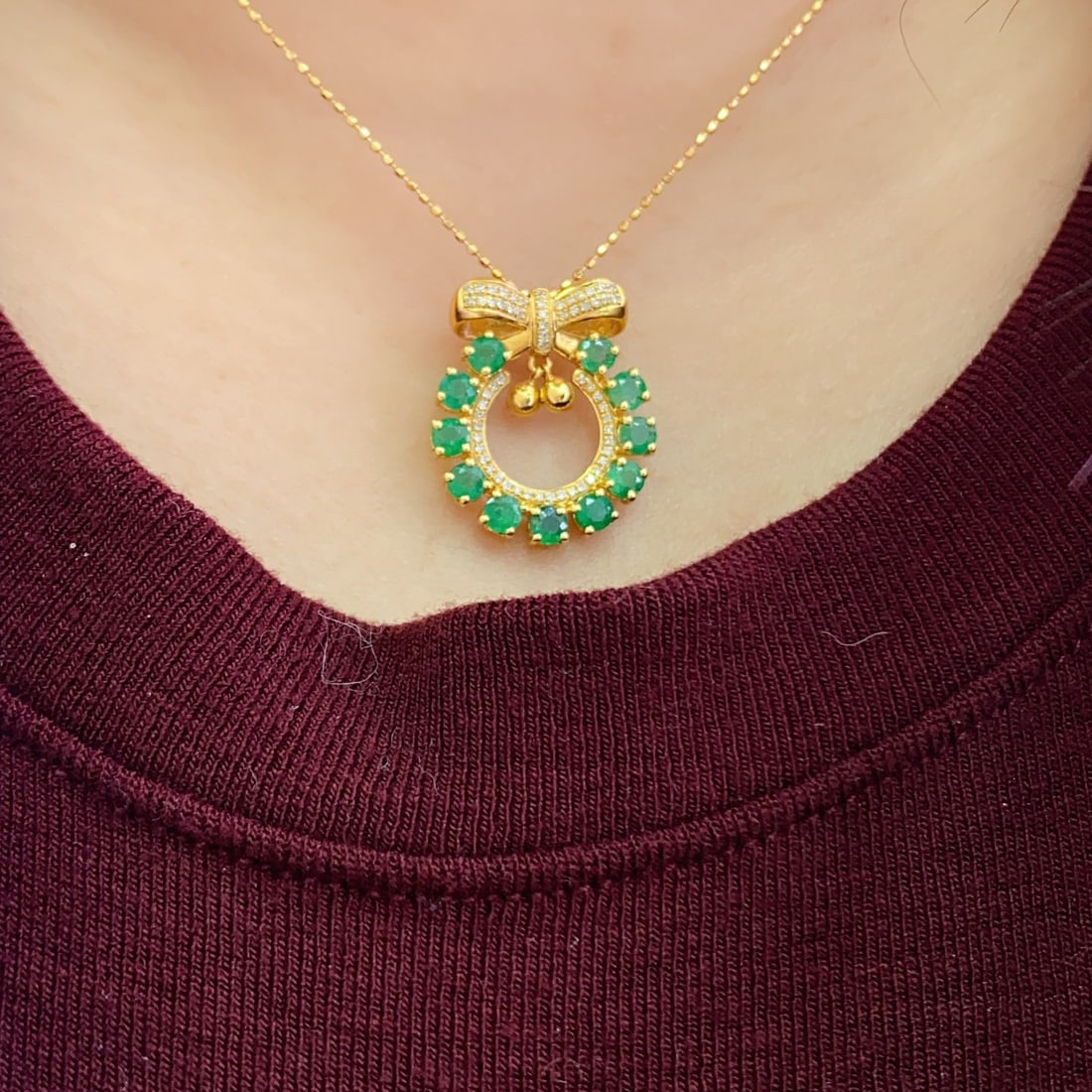 14k Gold 1.60 Ct Vivid Green Natural Emerald & Diamond Necklace - 4