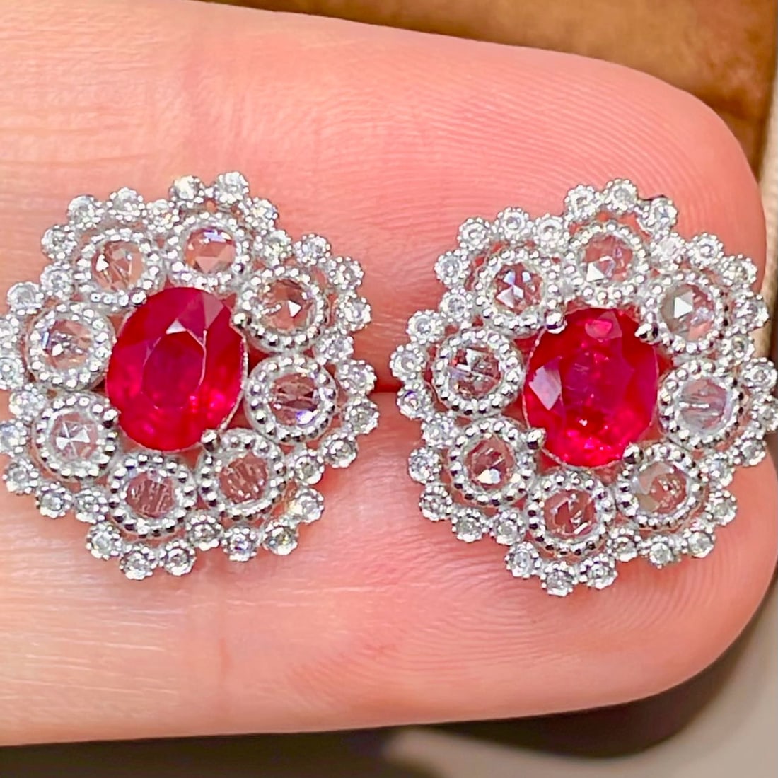 14k Gold 1.45 Ct Natural Ruby & Diamond & Sapphire Earrings - 4