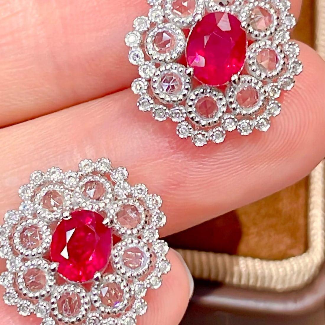 14k Gold 1.45 Ct Natural Ruby & Diamond & Sapphire Earrings - 5