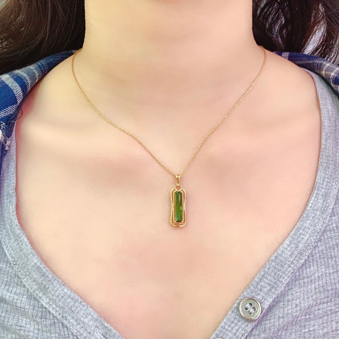 14k Gold 3 Ct Natural Tourmaline & Diamond Pendant( Without Chain ) - 6
