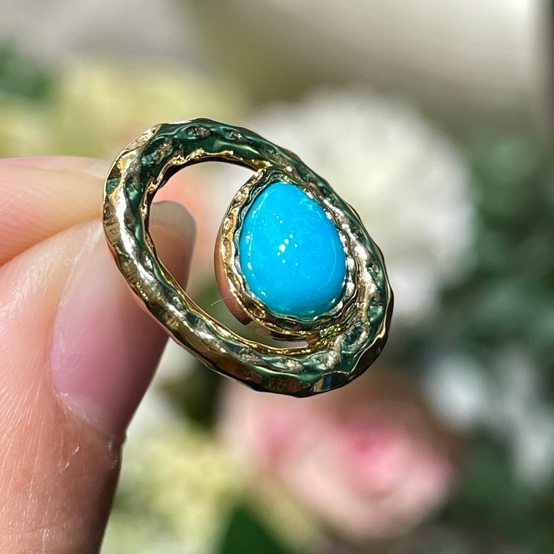 14k Gold 2 Ct Natural Blue Turquoise Earrings - 2