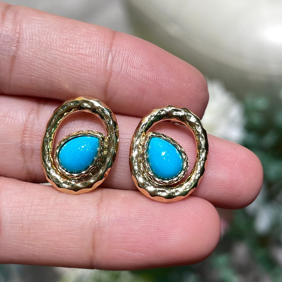 14k Gold 2 Ct Natural Blue Turquoise Earrings - 3