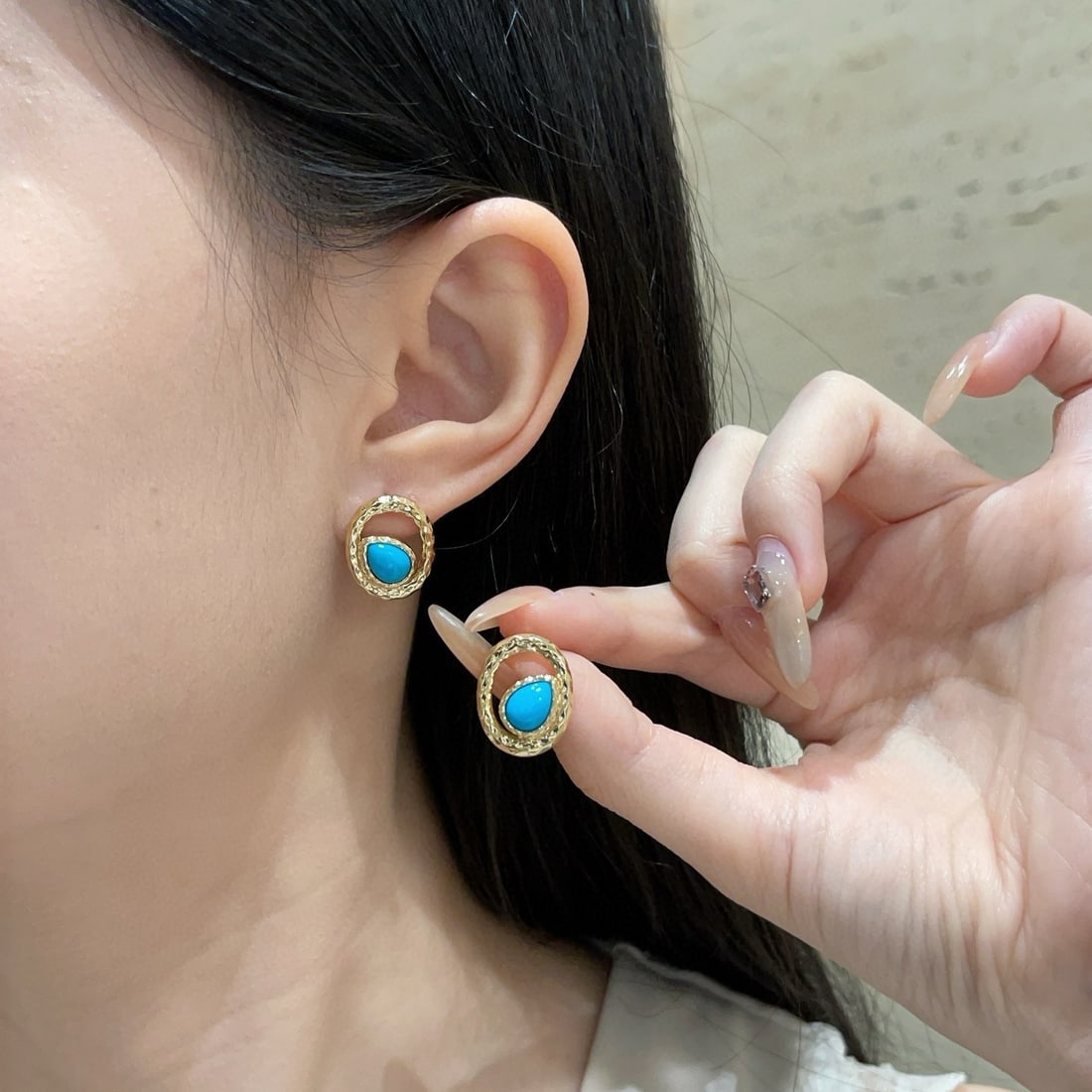 14k Gold 2 Ct Natural Blue Turquoise Earrings - 4