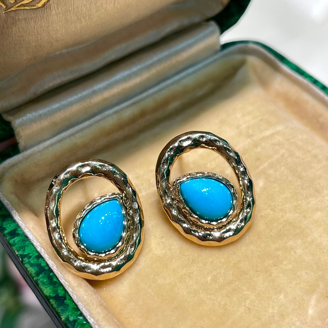 14k Gold 2 Ct Natural Blue Turquoise Earrings - 5