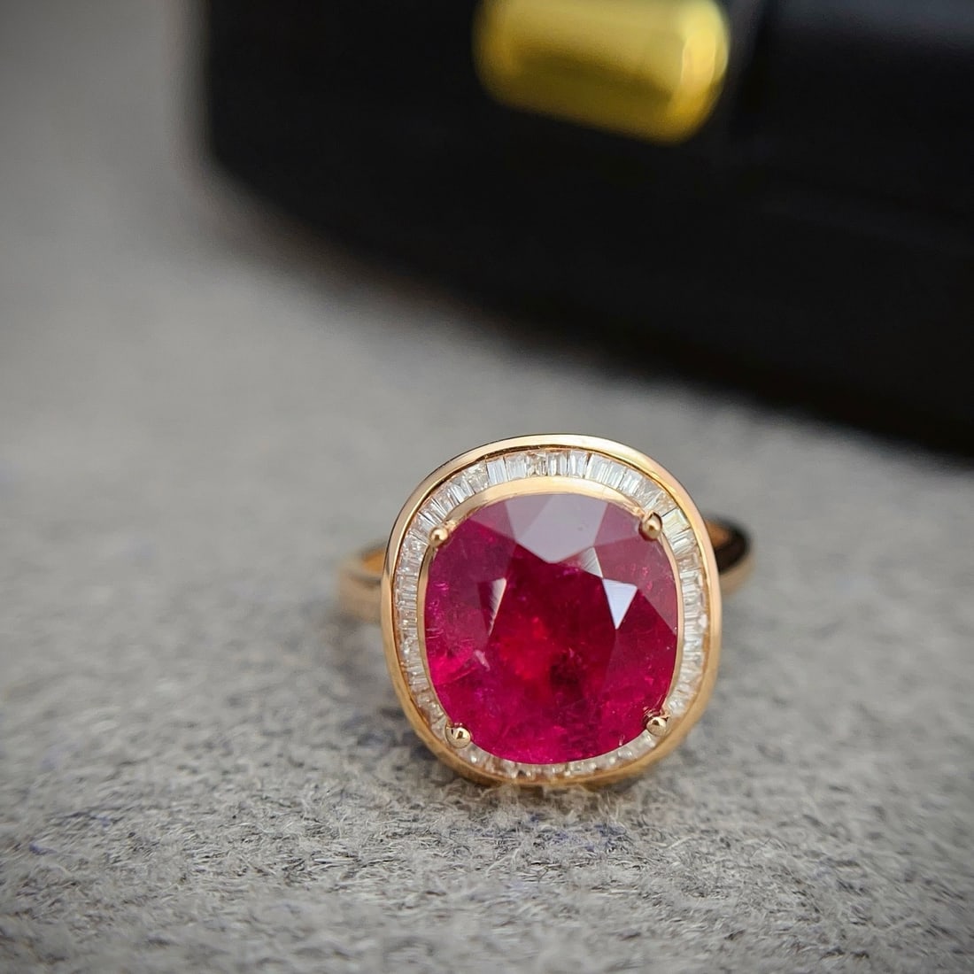 14k Gold 3.60 Ct Natural Tourmaline & Diamond Ring: Ref:231104379 // gold content:14k gold // ring size:7. 25us // // main gemstone:tourmaline // shape:cushion // carat weight:3. 60ct // color:red // treatment:natural // // adjacent gemstone 2 :