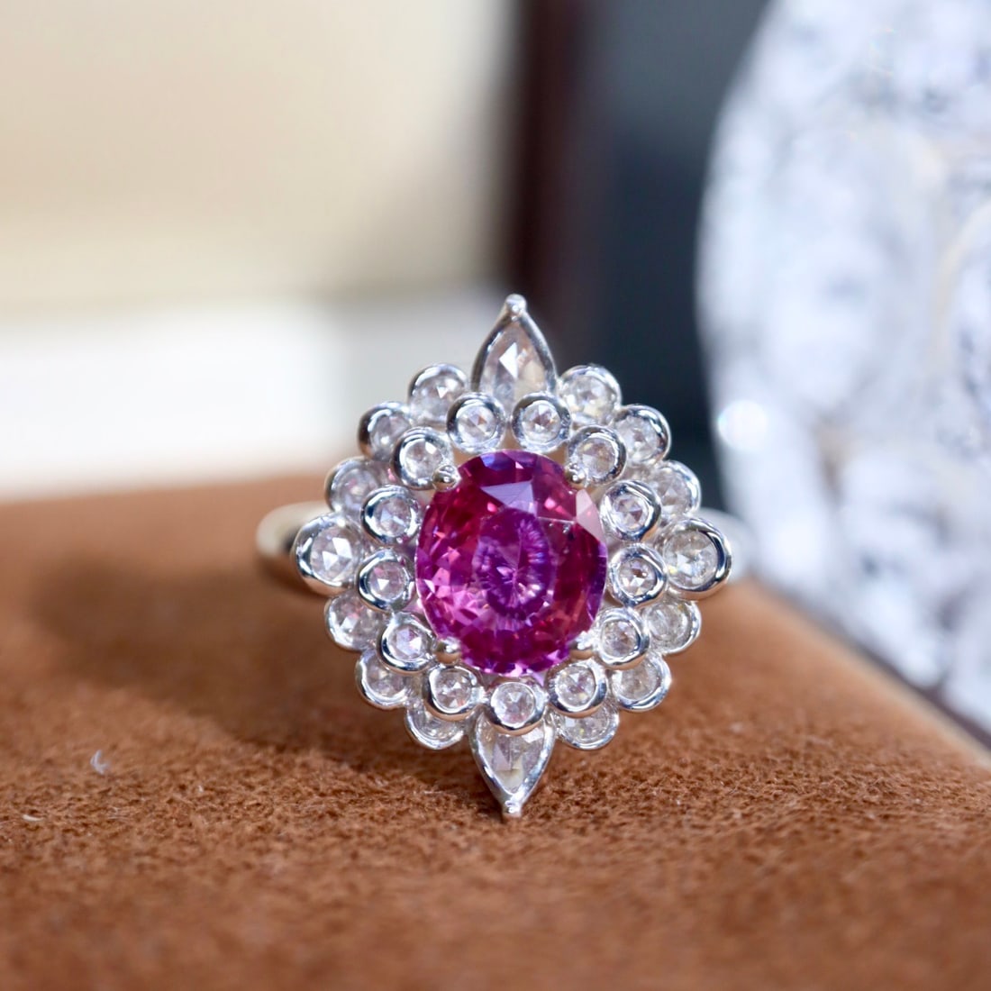 14k Gold 1.81 Ctw Natural Sapphire & Diamond Ring: Ref:231104386 // gold content:14k gold // ring size:7. 25us // // main gemstone:sapphire // shape:oval // carat weight:1. 48ct // color:pink // treatment:natural // // adjacent gemstone 2 : diamond //