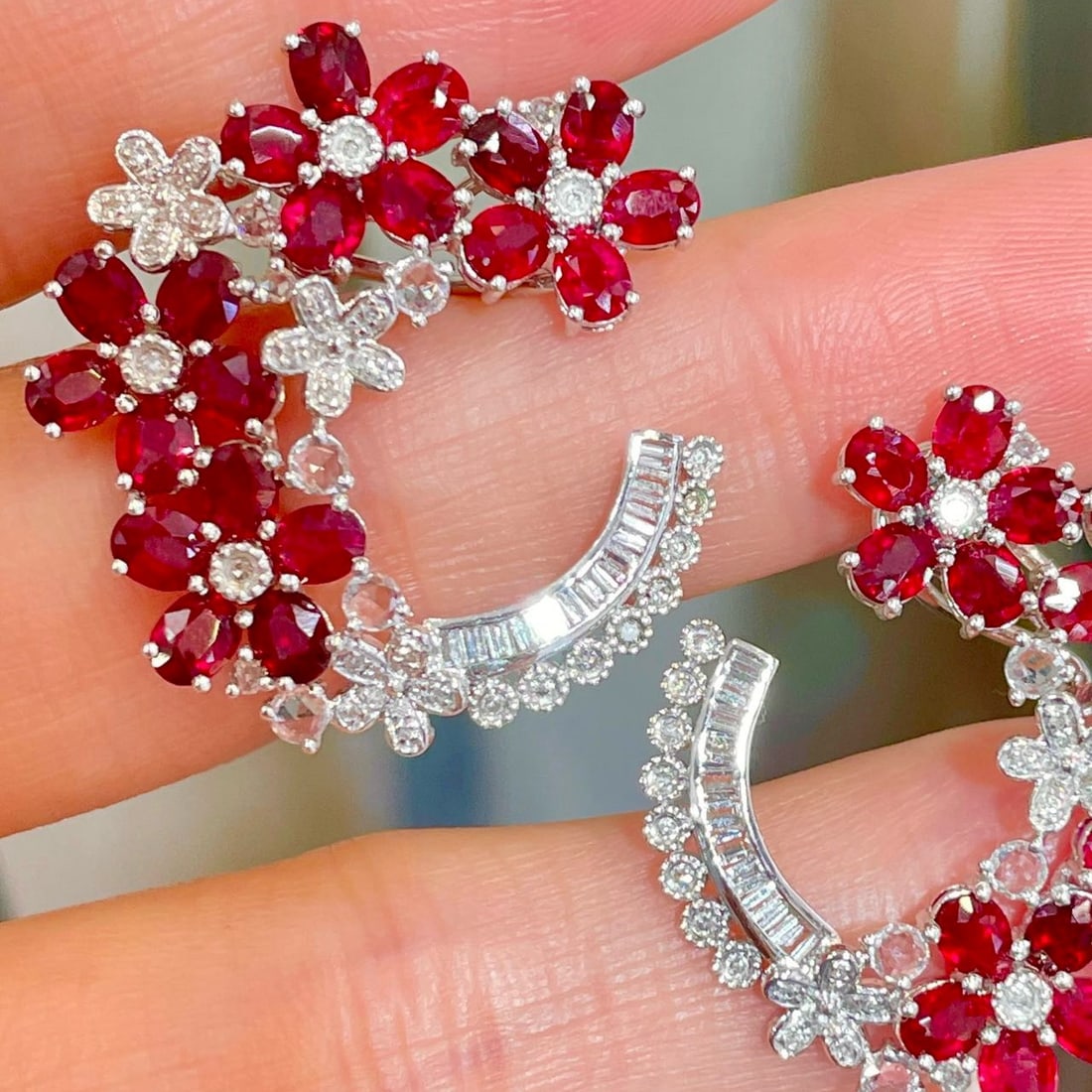 14k Gold 7 Ct Natural Ruby & Diamond & Sapphire Earrings - 6