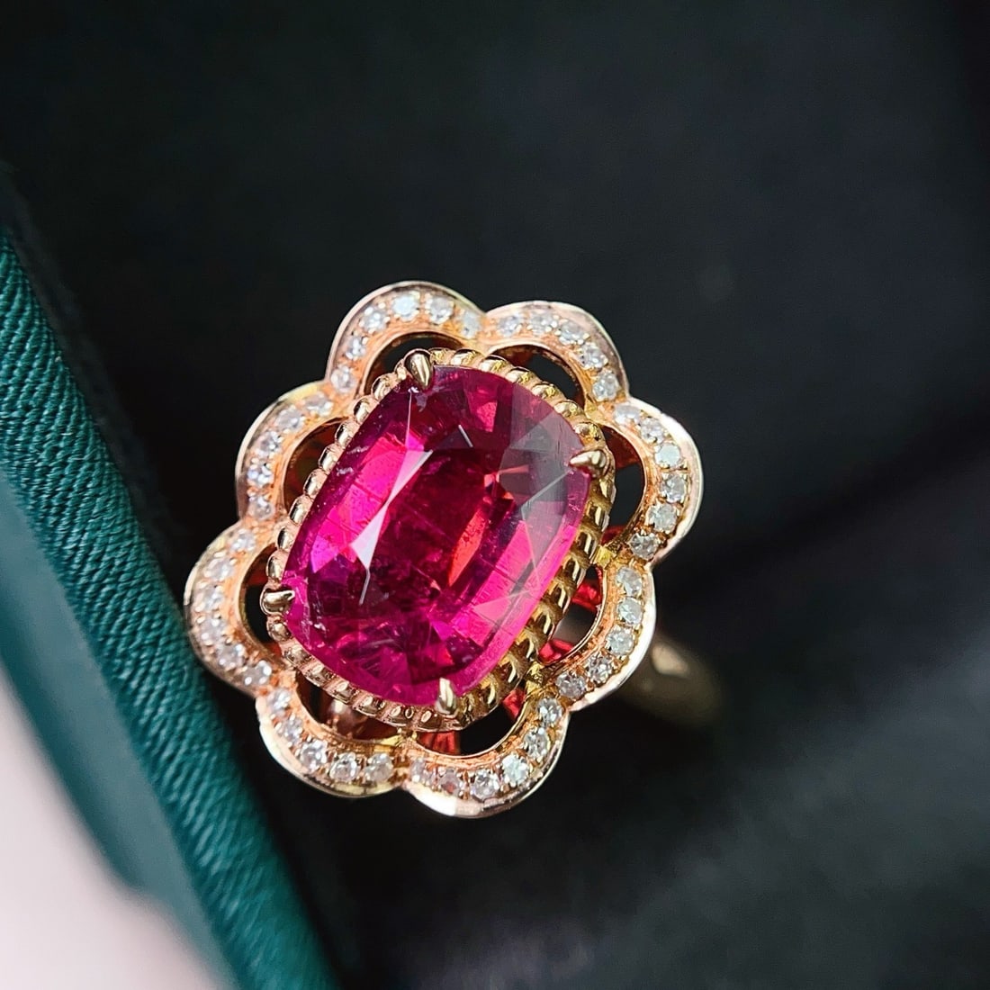 14k Gold 2.55 Ct Natural Tourmaline & Diamond Ring/pendant( Without Chain ): Ref:231104397 // gold content:14k gold // ring size:7. 25us // // main gemstone:tourmaline // shape:cushion // carat weight:2. 55ct // color:red // treatment:natural // // adjacent gemstone 2 :
