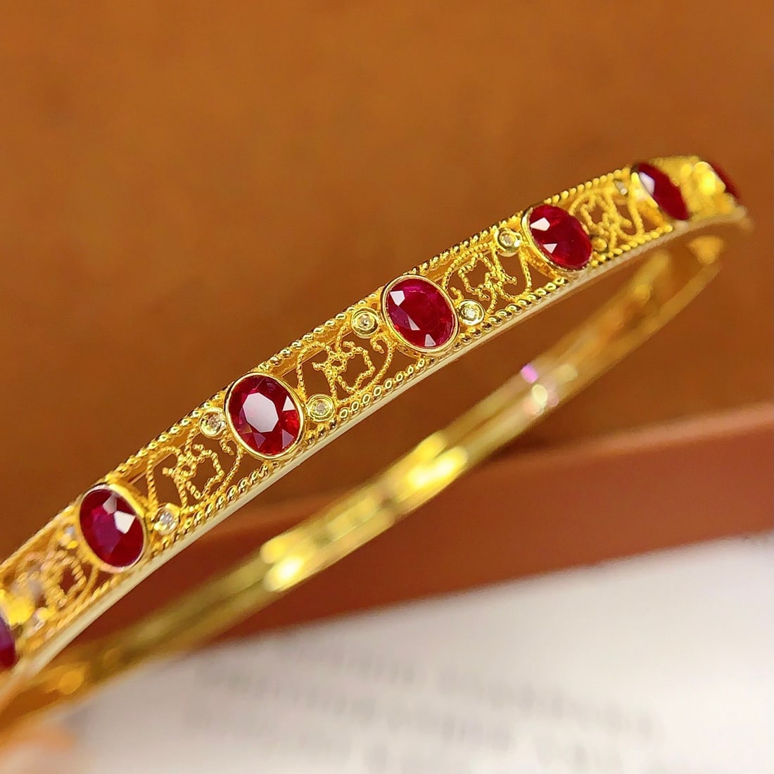 14k Gold 3 Ct Vivid Red Natural Ruby & Diamond Bangle - 3
