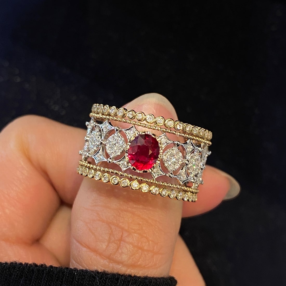 14k Gold 1.33 Ctw Natural Ruby & Diamond Ring: Ref:231104426 // gold content:14k gold // ring size:7. 25us // // main gemstone:ruby // shape:oval // carat weight:0. 65ct // color:red // treatment:natural // // adjacent gemstone 2 : diamond //