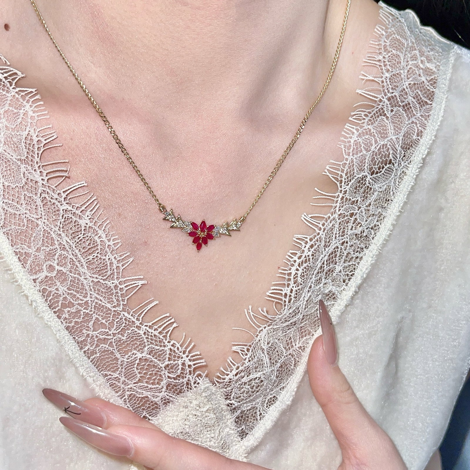 14k Gold 0.78 Ct Natural Ruby & Diamond Necklace - 2