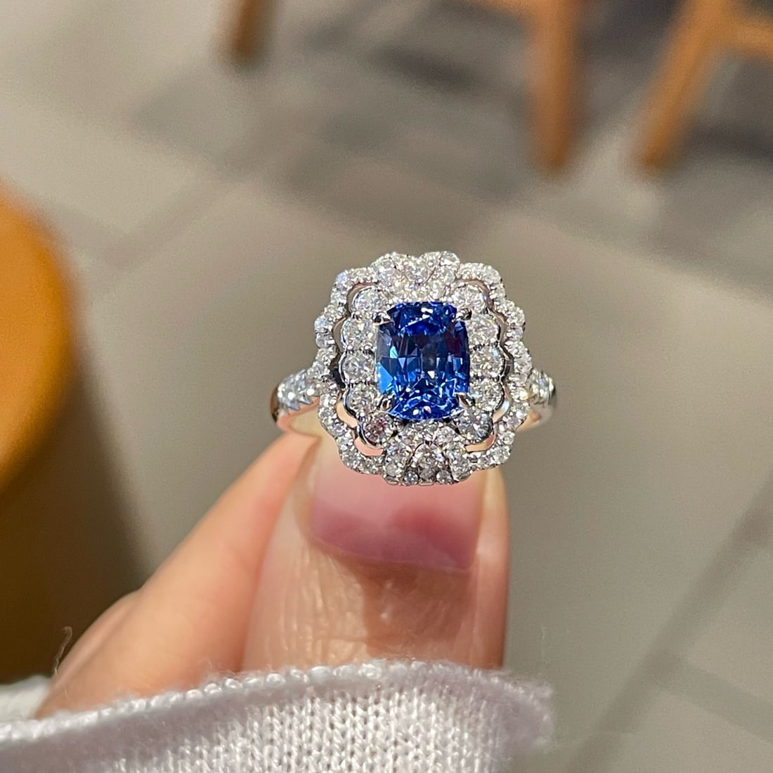 14k Gold 2.59 Ctw Natural Sapphire & Diamond Ring: Ref:231104430 // gold content:14k gold // ring size:7. 25us // // main gemstone:sapphire // shape:cushion // carat weight:1. 59ct // color:blue // treatment:natural // // adjacent gemstone 2 :