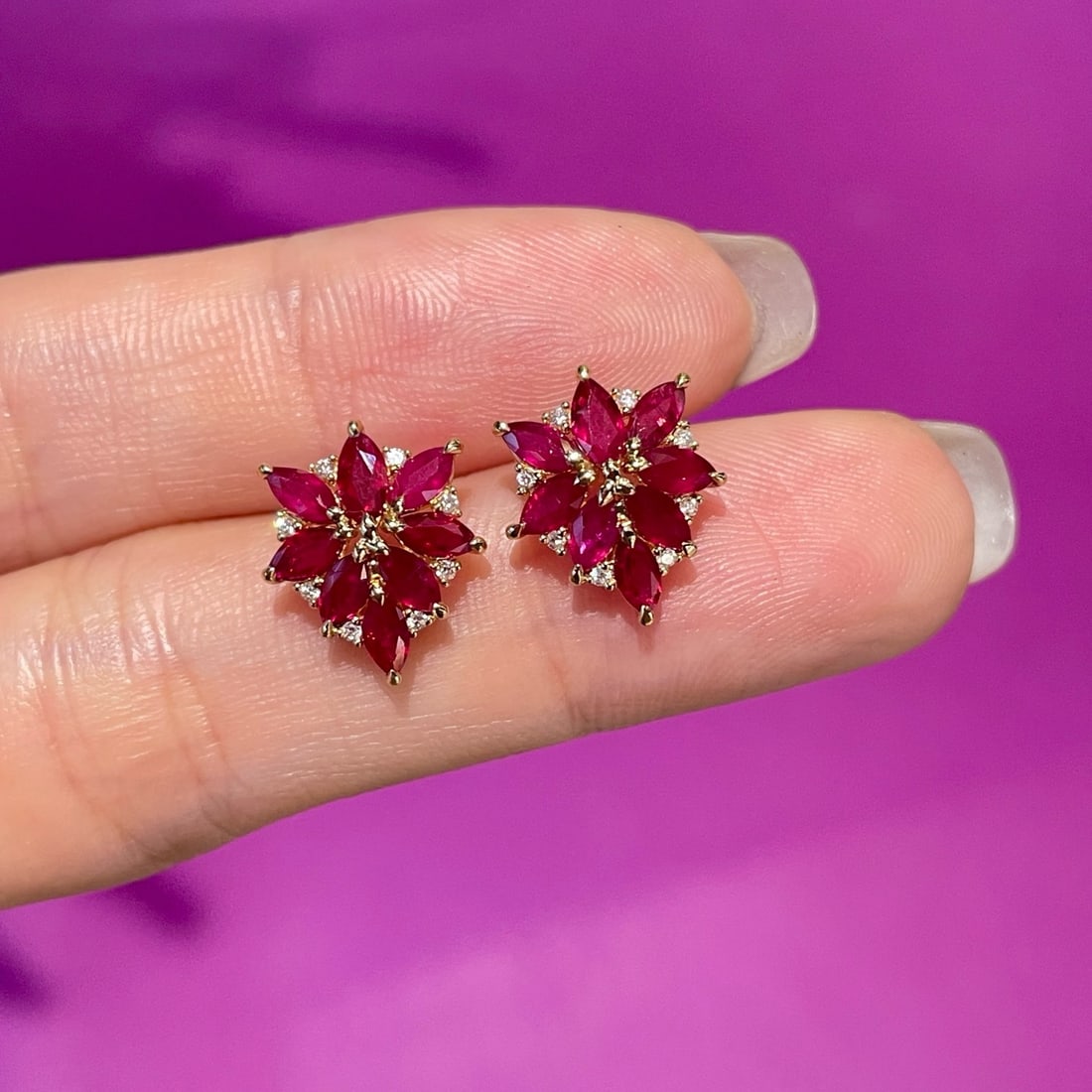 14k Gold 1.5 Ct Natural Ruby & Diamond Earrings - 2