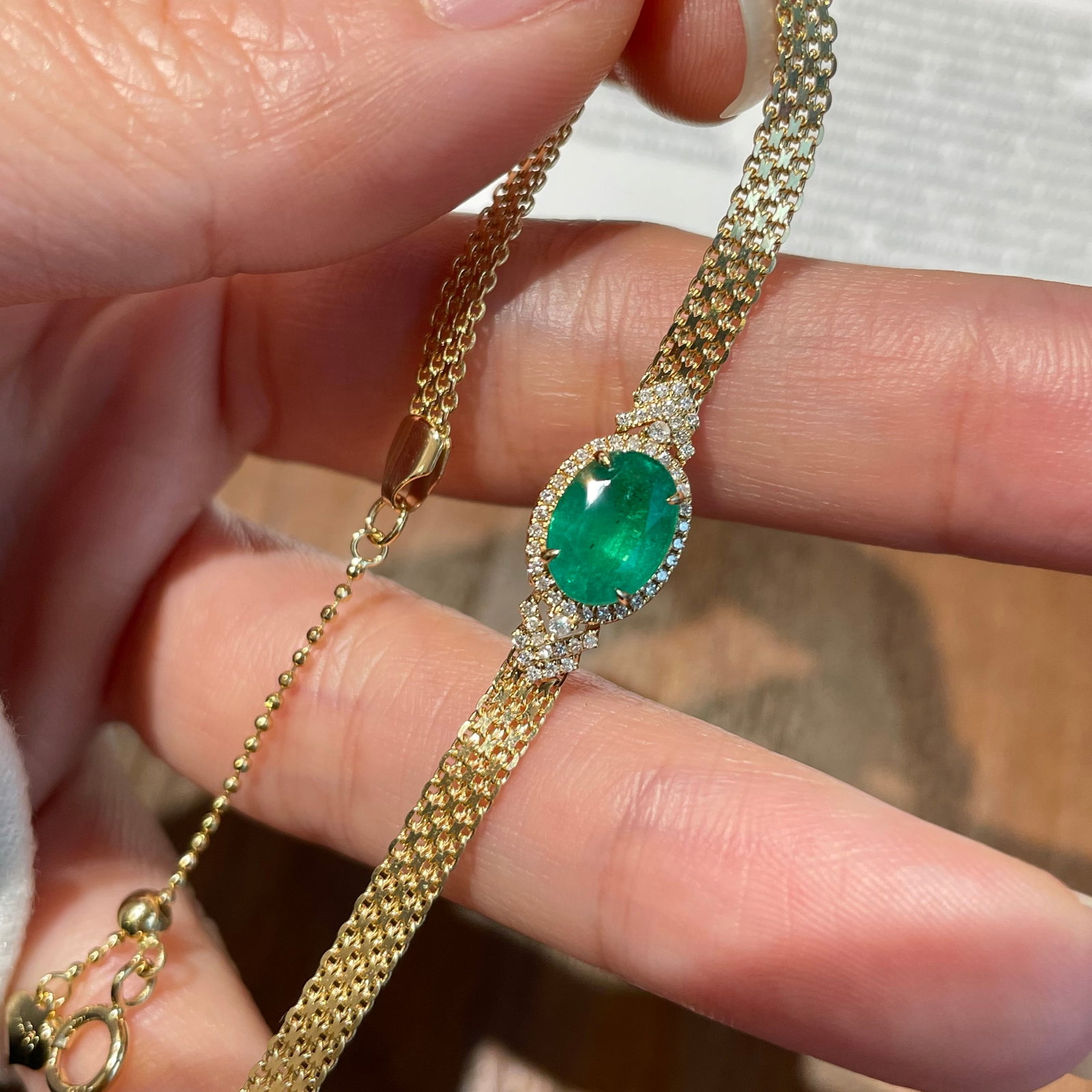 14k Gold 1.10 Ct Natural Emerald & Diamond Bracelet - 2