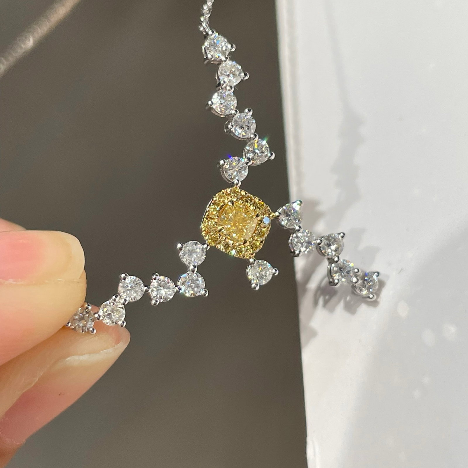 14k Gold 0.76 Ctw Natural Yellow Diamond & Diamond Necklace: Ref:231104436 // gold content:14k gold // main gemstone:yellow diamond // shape:cushion // carat weight:0. 2ct // color:yellow // treatment:natural // // adjacent gemstone 2 : diamond // shape:round