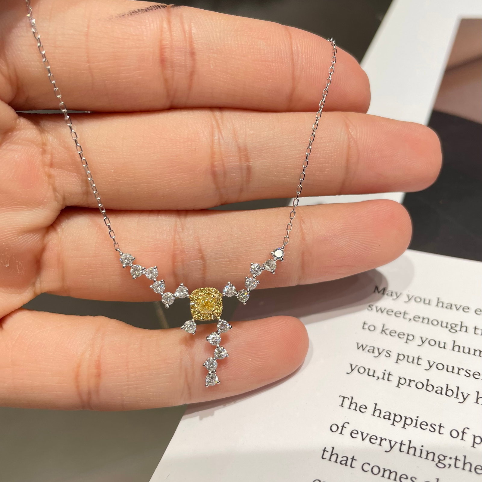 14k Gold 0.76 Ctw Natural Yellow Diamond & Diamond Necklace - 2