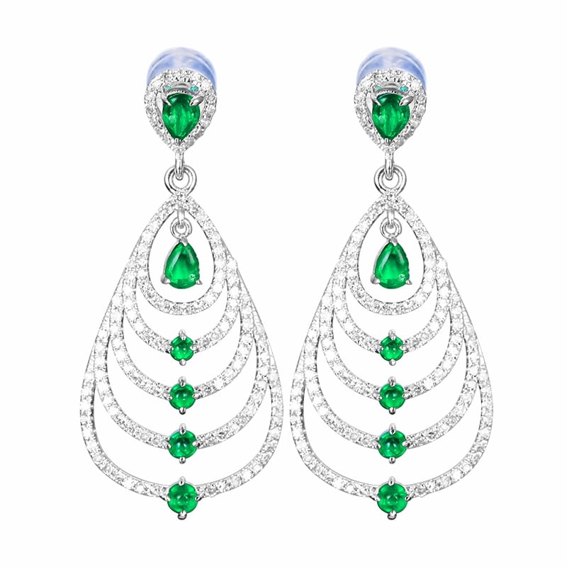 14k Gold 1.56 Ctw Vivid Green Natural Emerald & Diamond Earrings: Ref:231105002 // gold content:14k gold // main gemstone:emerald // shape:multiple // carat weight:0. 85ct // color:vivid green // treatment:natural // // adjacent gemstone 2 : diamond // number of
