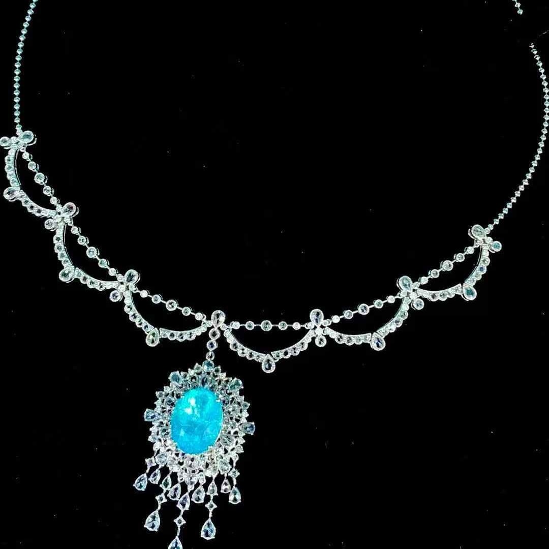 14k Gold 9.25 Ct Natural Paraiba Tourmaline & Diamond Necklace - 2