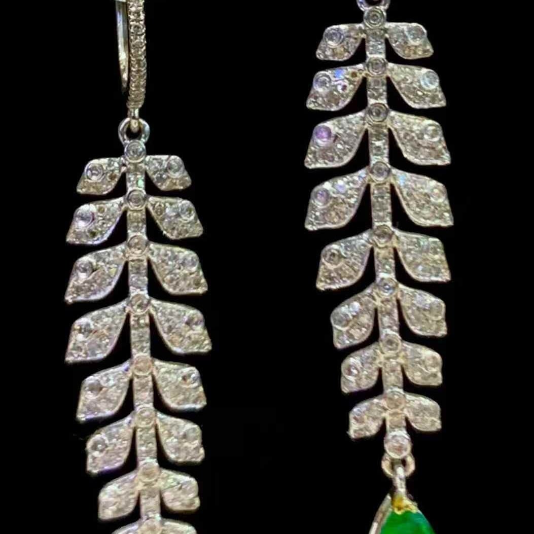 14k Gold 1.85 Ct Vivid Green Natural Emerald & Diamond Earrings - 4