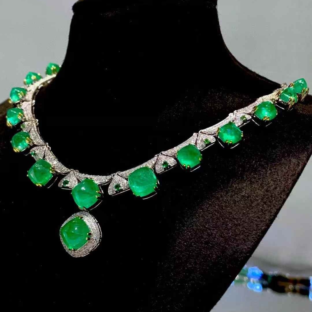14k Gold 19.6 Ct Natural Emerald & Diamond Necklace - 2