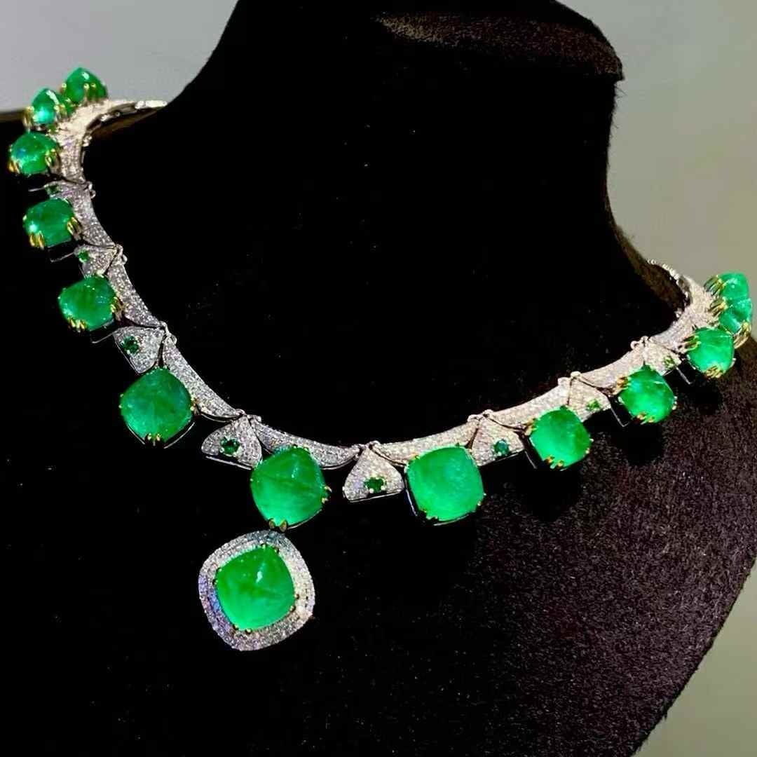 14k Gold 19.6 Ct Natural Emerald & Diamond Necklace - 6