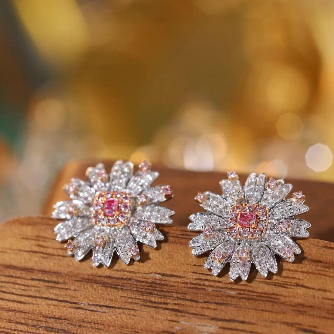 14k Gold 0.90 Ct Natural Color Diamond & Flowers Earrings - 8