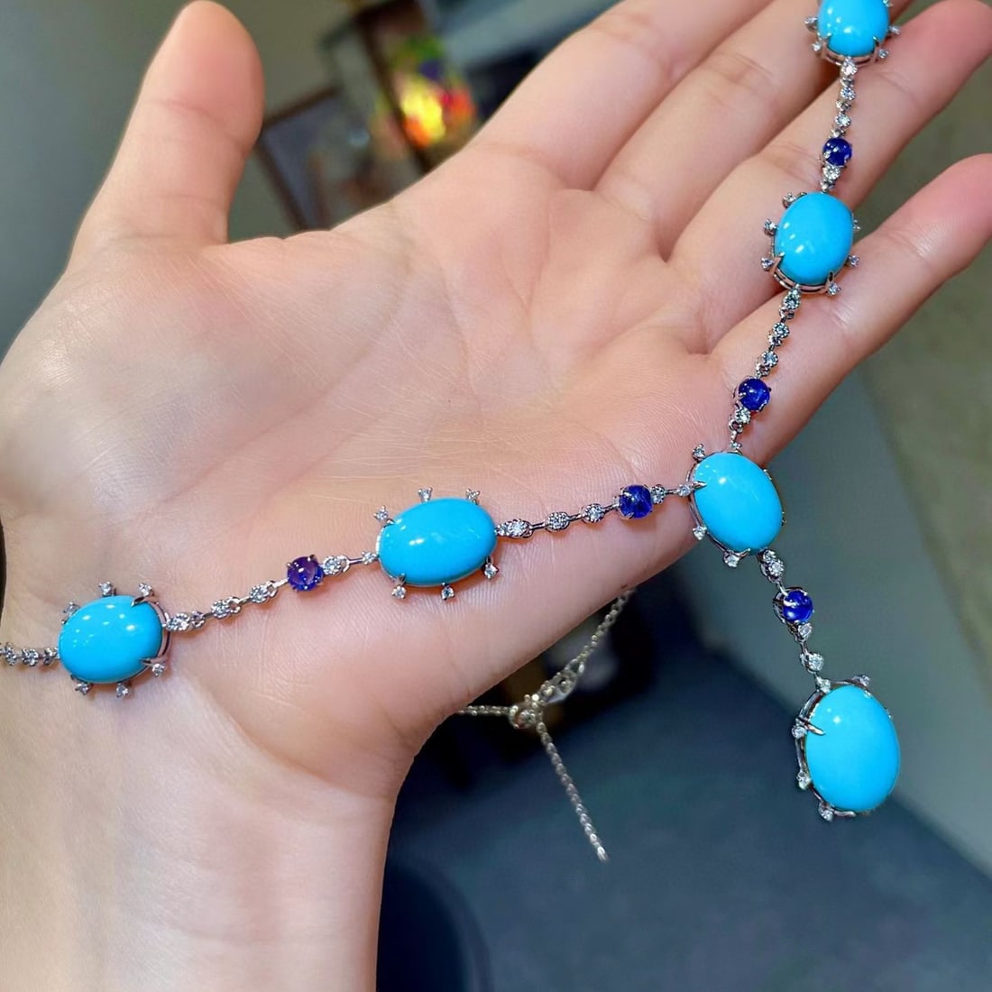 14k Gold 37.20 Ctw Natural Blue Turquoise & Sapphire Necklace - 2