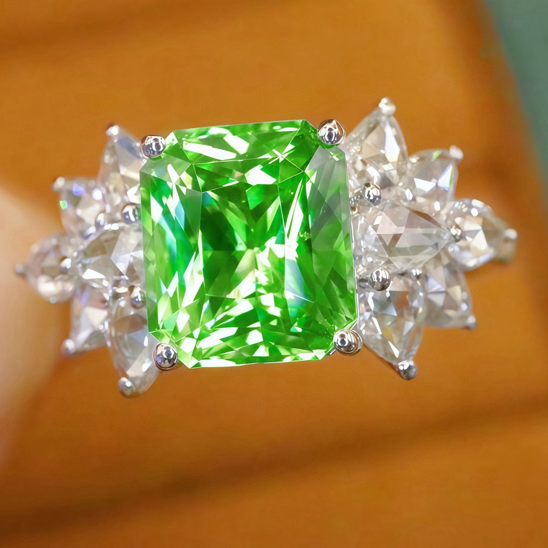 14k Gold 2.62 Ctw Natural Tsavorite & Diamond Ring: Ref:231105054 // gold content:14k gold // ring size:7. 25us // // main gemstone:tsavorite // shape:octagonal // carat weight:2. 02ct // color:green // treatment:natural // // adjacent gemstone 2 :