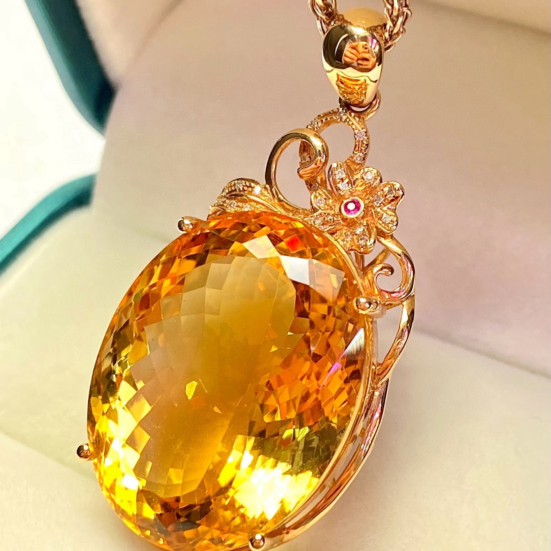 14k Gold 38.90 Ct Natural Citrine & Diamond Pendant( Without Chain ) - 2