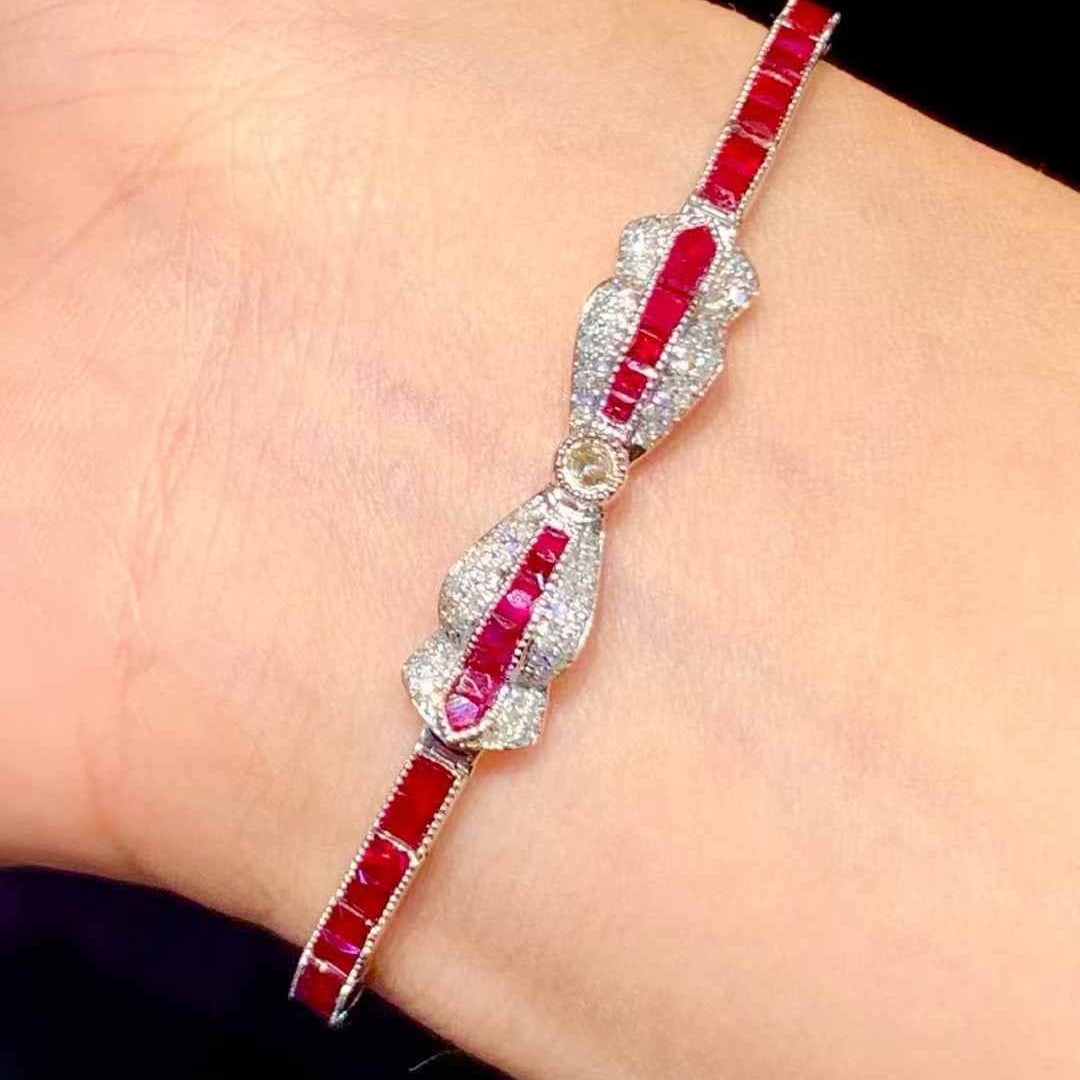 14k Gold 6 Ct Natural Ruby & Diamond Bracelet - 4