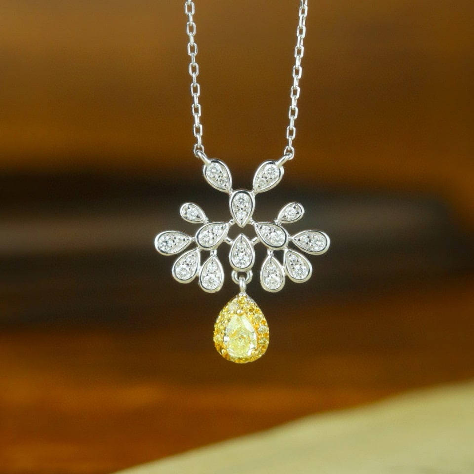14k Gold 0.41 Ctw Natural Yellow Diamond & Diamond Necklace: Ref:231105081 // gold content:14k gold // main gemstone:yellow diamond // shape:pear // carat weight:0. 20ct // color:yellow // treatment:natural // // adjacent gemstone 2 : diamond // shape:round //