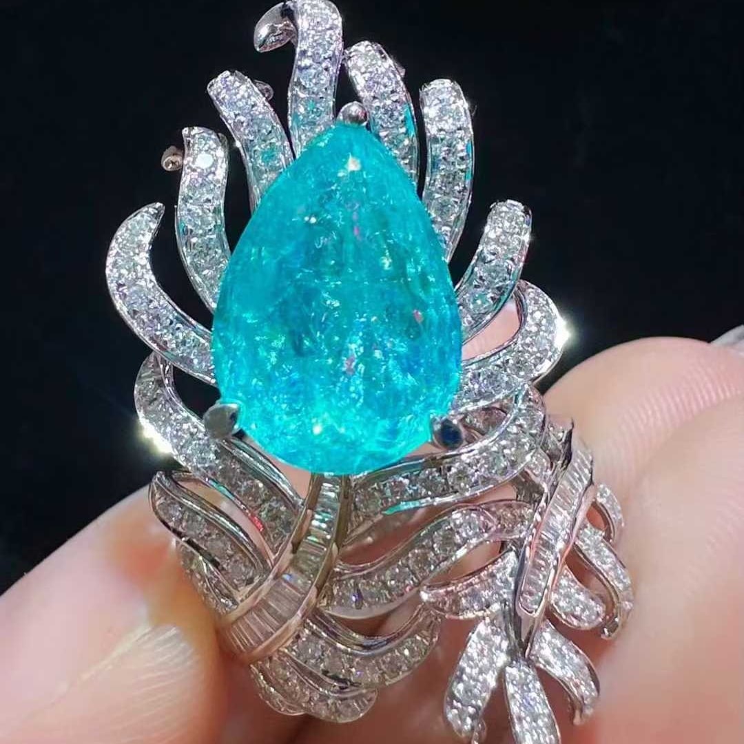 14k Gold 6.43 Ctw Natural Paraiba Tourmaline & Diamond Ring - 2