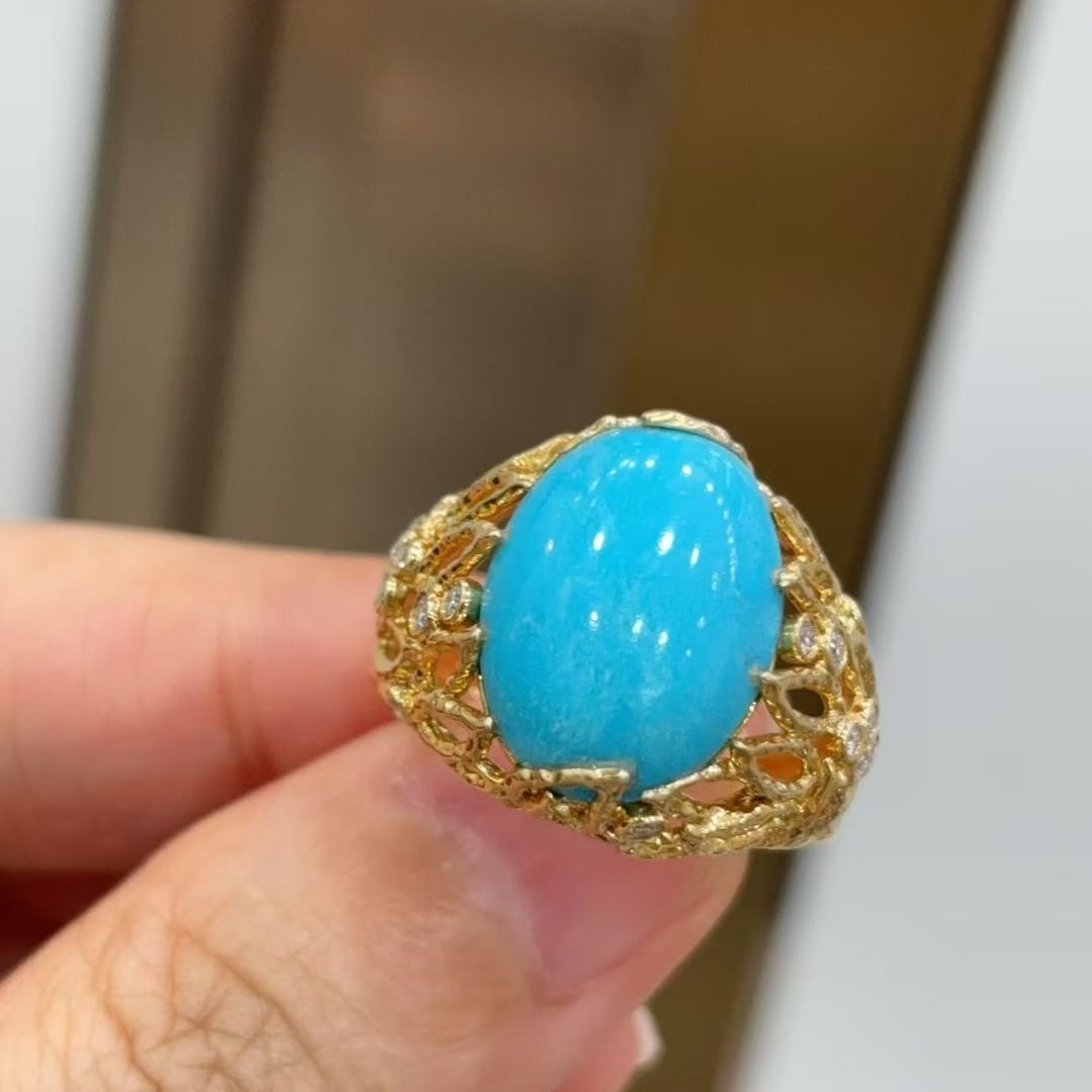 14k Gold 6.83 Ctw Natural Blue Turquoise & Diamond Ring - 3