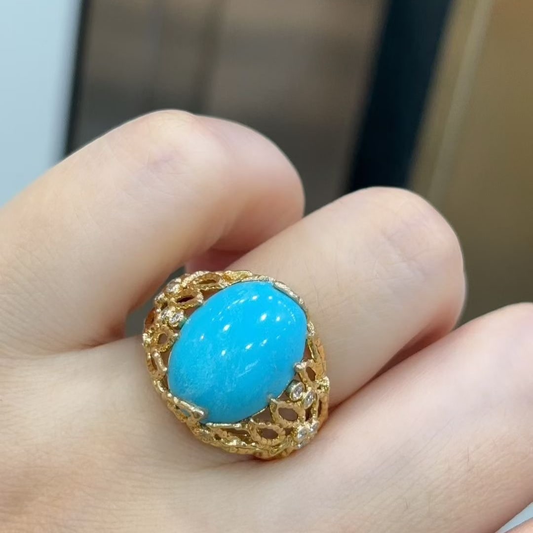 14k Gold 6.83 Ctw Natural Blue Turquoise & Diamond Ring - 4