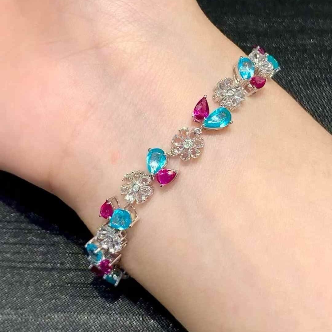 14k Gold 9.3 Ct Natural Paraiba Tourmaline & Ruby & Diamond Bracelet - 2