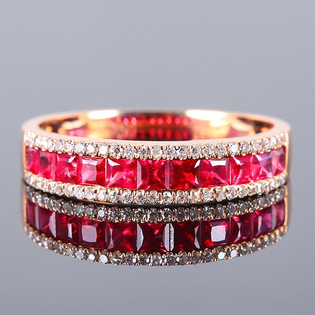 14k Gold 0.81 Ctw Natural Ruby & Diamond Ring: Ref:231105109 // gold content:14k gold // ring size:7. 25us // // main gemstone:ruby // shape:princess // carat weight:0. 70ct // color:red // treatment:natural // // adjacent gemstone 2 : diamond //