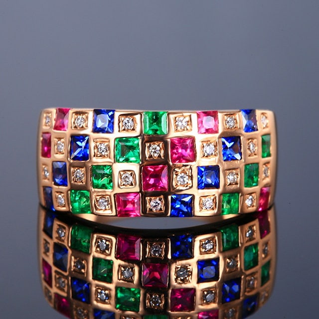14k Gold 1.56 Ctw Natural Ruby & Sapphire & Emerald Ring: Ref:231105112 // gold content:14k gold // ring size:7. 25us // // main gemstone:ruby & sapphire & emerald // shape:princess // carat weight:1. 45ct // color:red & blue & green // treatment:natural // 